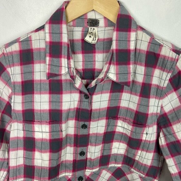 Free People Pink Grey Plaid Button Down Shirt Size XS Long Sleeve Western Boho - Picture 4 of 11